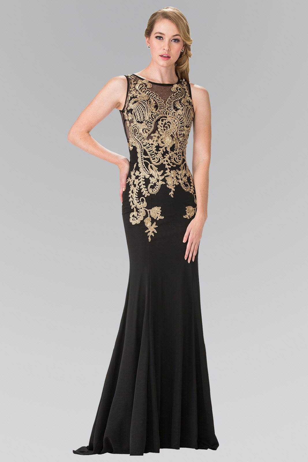 Embroidered Sleeveless Long Jersey Dress with Sheer Bodice