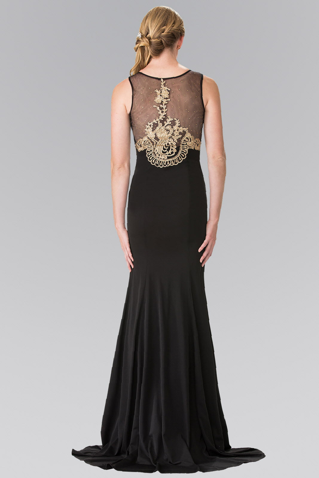 Embroidered Sleeveless Long Jersey Dress with Sheer Bodice