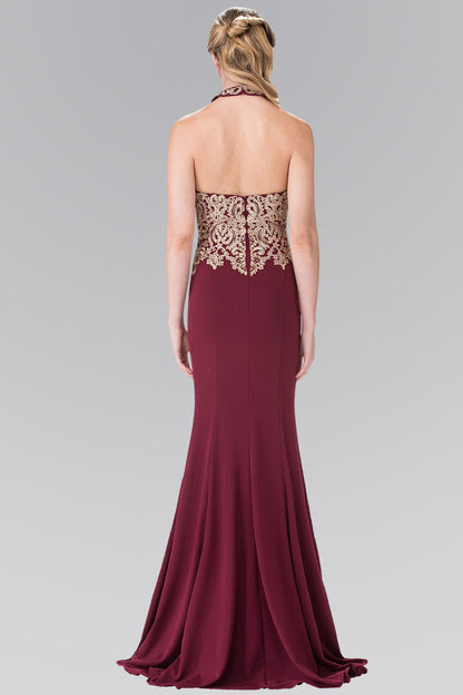 Embroidered Neck Halter Jersey Long Dress with Open Back