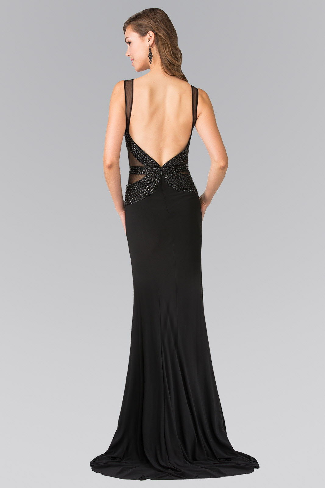 Beads Embellished Jersey Long Dress with Open Back