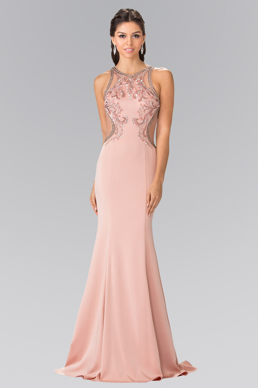 Beads Embellished Jersey Long Dress with Sheer Back