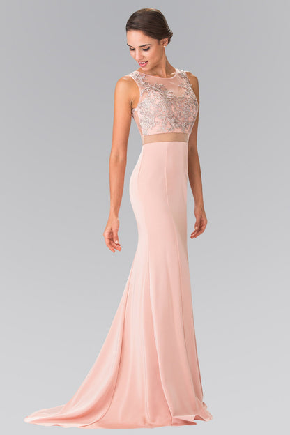 Mock Two-Piece Embroidered Prom Dress with Illusion Waistline