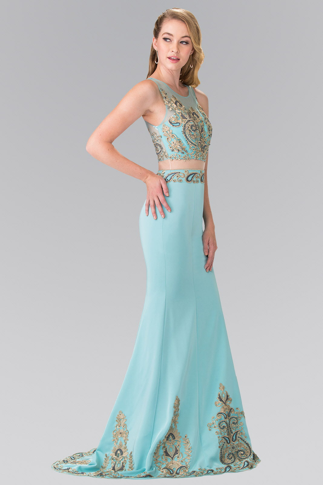 Sleeveless Mock Two-Piece Prom Dress with Loyal Embroidery Details