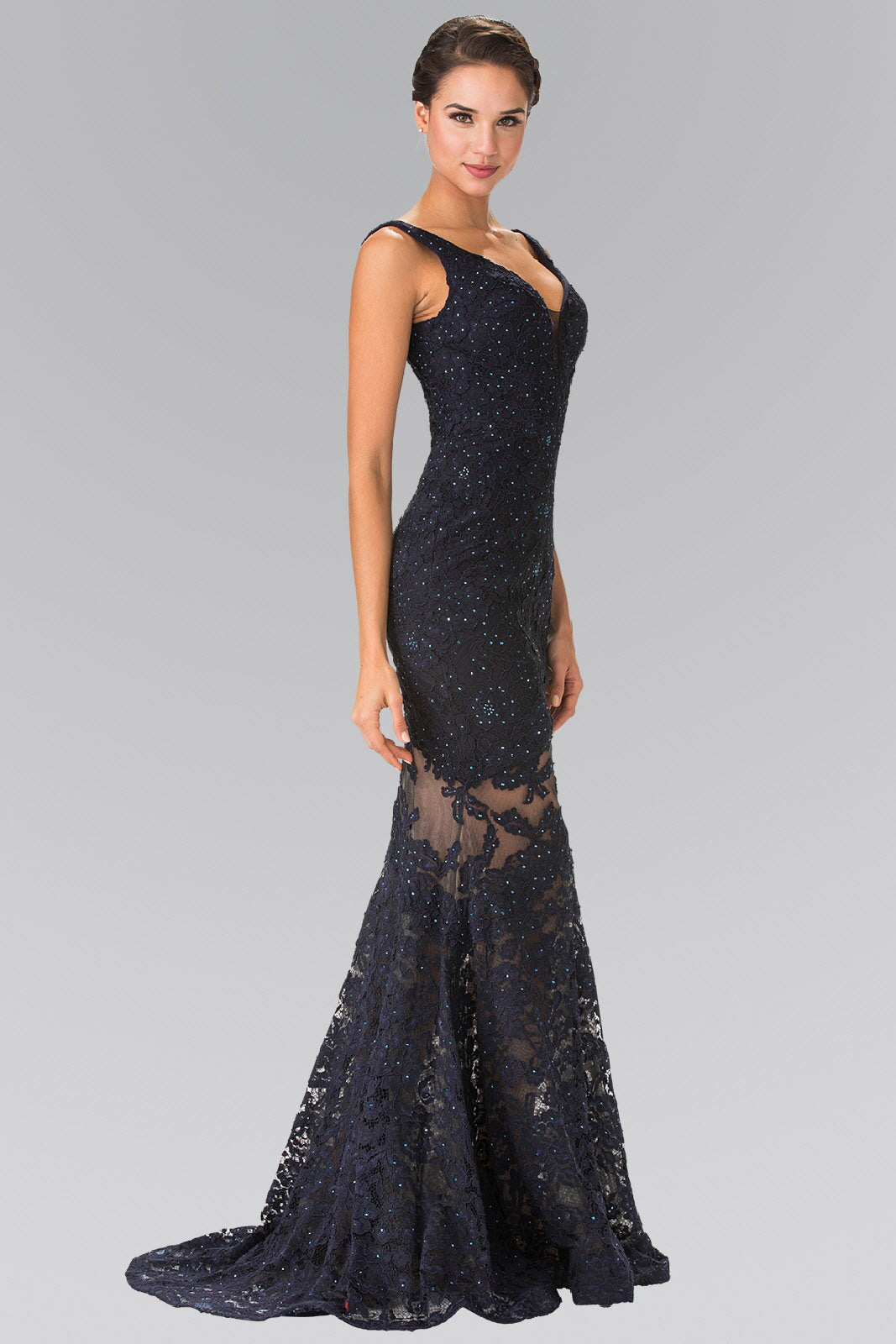 illusion cut-out dress 3984: Crepe Column Dress with Illusion Cut Outs and Detachable Chiffon Train
