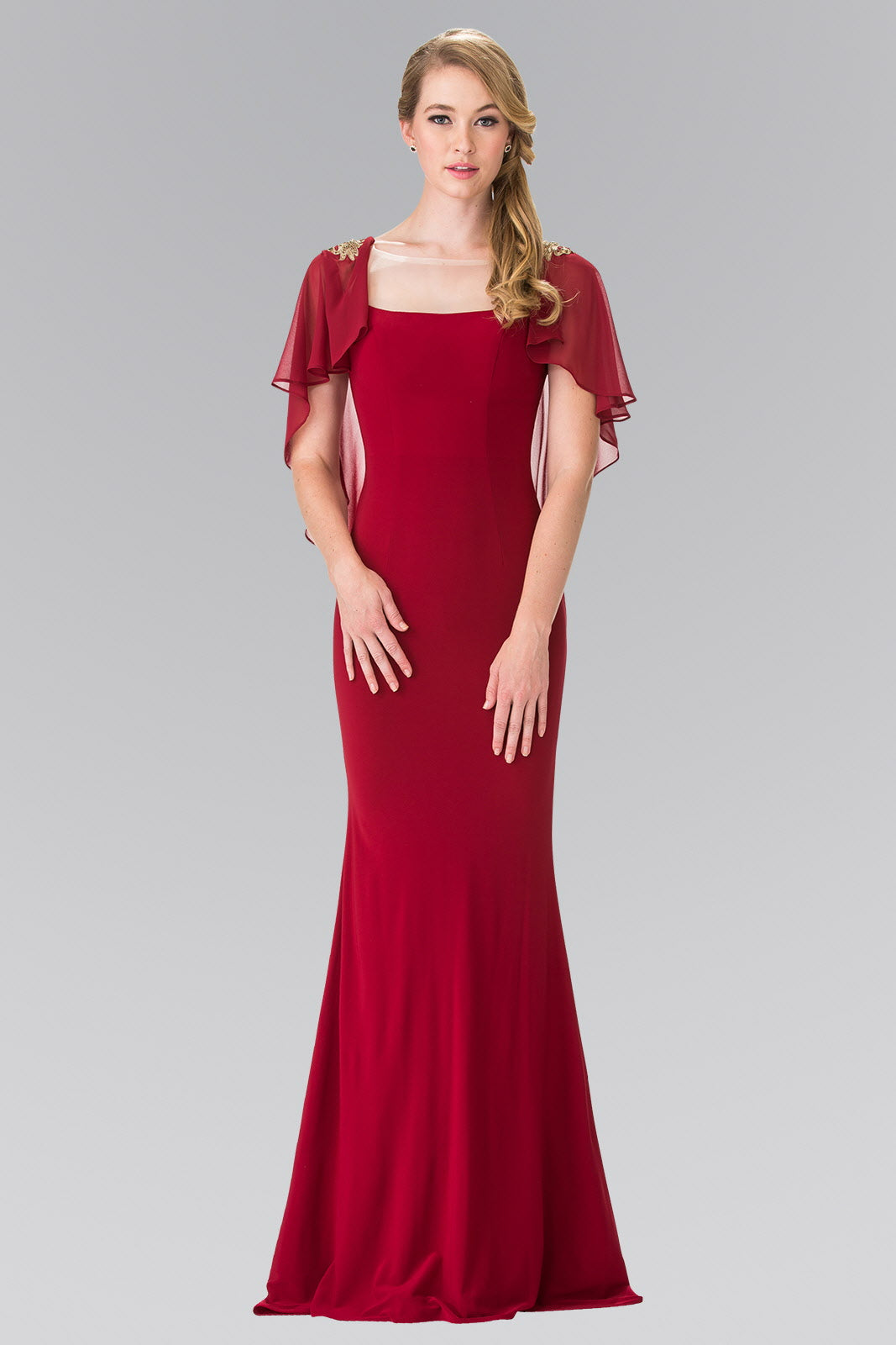 Sleeveless Jersey Long Dress with Attached Cape that Drapes Down the Back