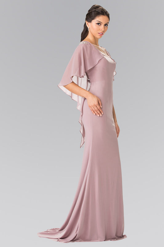 Sleeveless Jersey Long Dress with Attached Cape that Drapes Down the Back