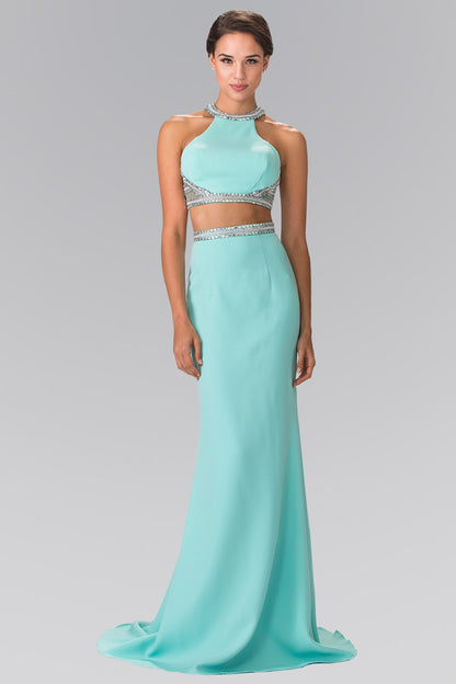 High Neck Two-Piece Jersey Long Dress Accented with a Beaded Band Waistline