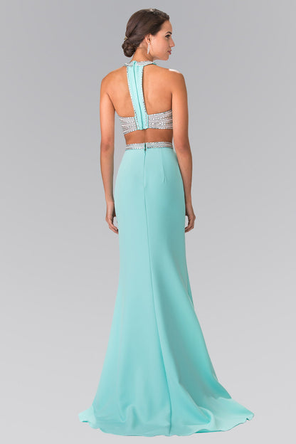 High Neck Two-Piece Jersey Long Dress Accented with a Beaded Band Waistline