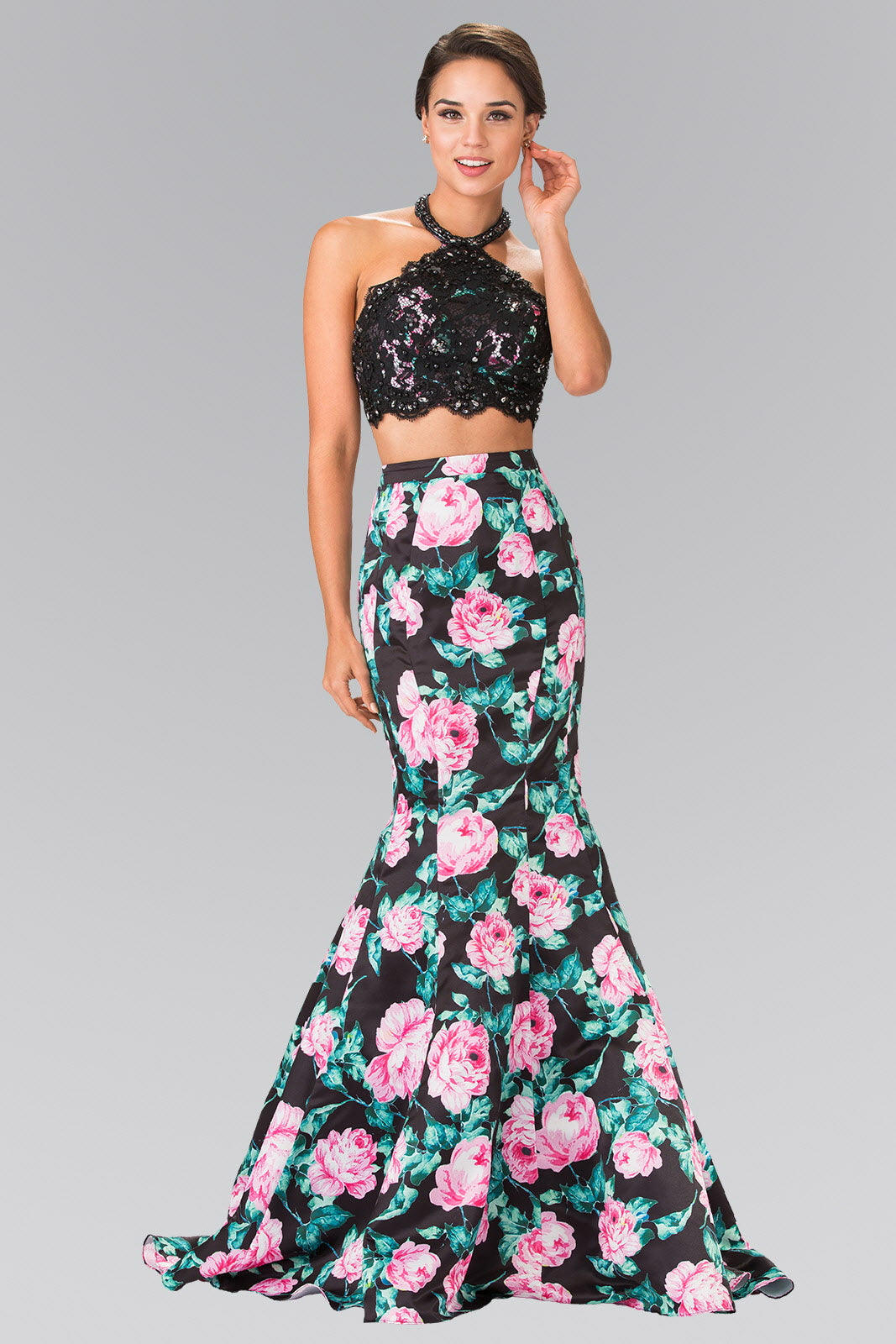 Halter-Neck Two-Piece Floral Print Long Dress