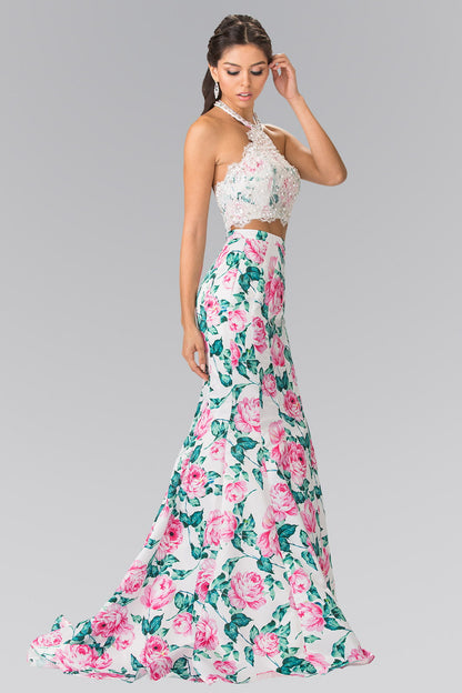 Halter-Neck Two-Piece Floral Print Long Dress