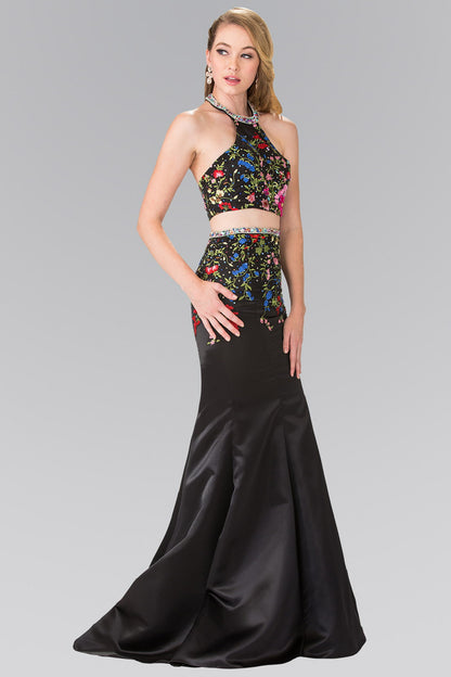 Two-Piece Floral Embroidered Satin Prom Dress with Halter-Neck and Mermaid Skirt