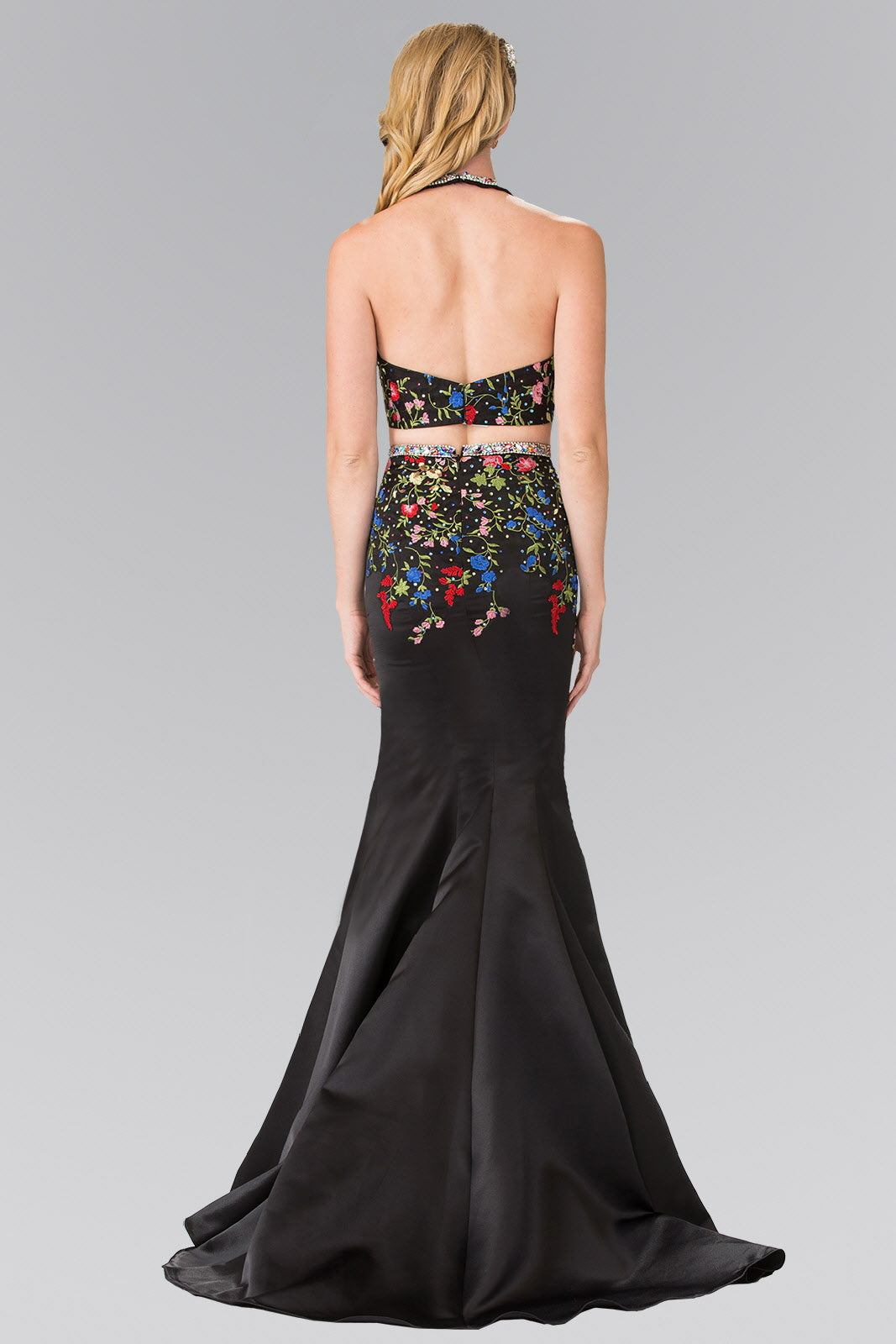 Two-Piece Floral Embroidered Satin Prom Dress with Halter-Neck and Mer Tux-USA Two-Piece Floral Embroidered Satin Prom Dress with Halter-Neck and Mer Tux-USA