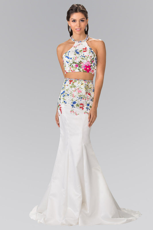 Two-Piece Floral Embroidered Satin Prom Dress with Halter-Neck and Mermaid Skirt