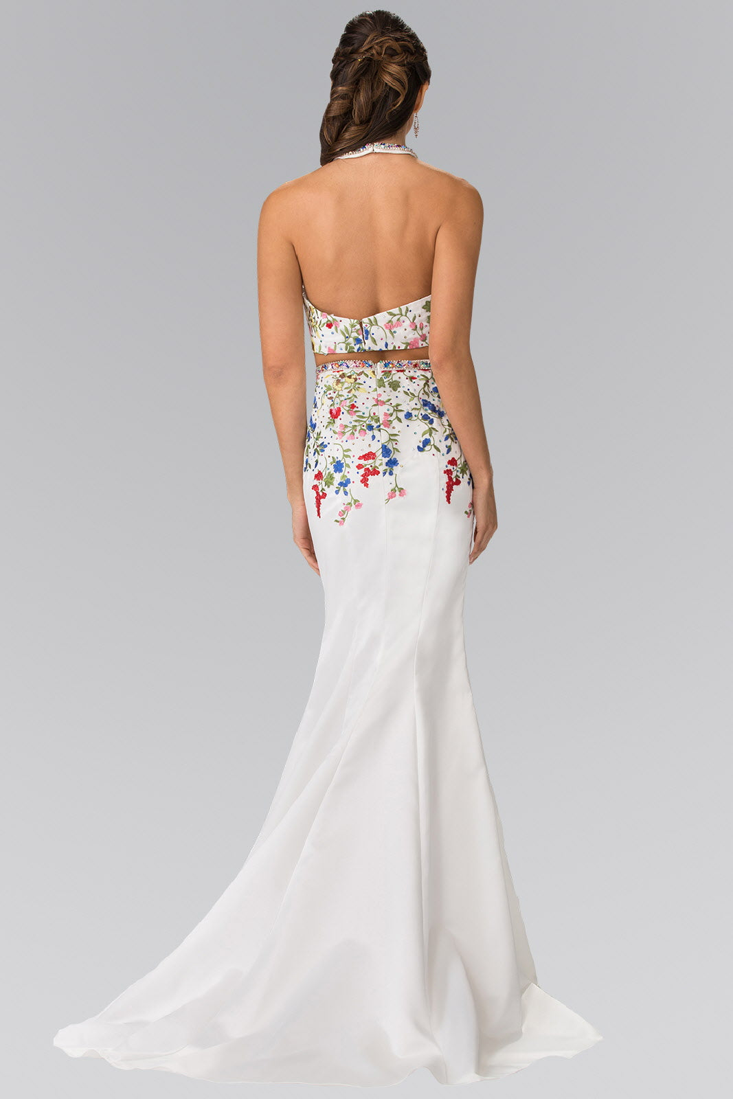 Two-Piece Floral Embroidered Satin Prom Dress with Halter-Neck and Mer Tux-USA Two-Piece Floral Embroidered Satin Prom Dress with Halter-Neck and Mer Tux-USA