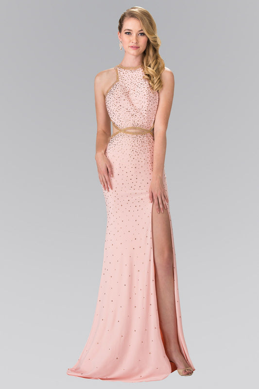 Beaded High-Neck Long Dress Accented with Slit