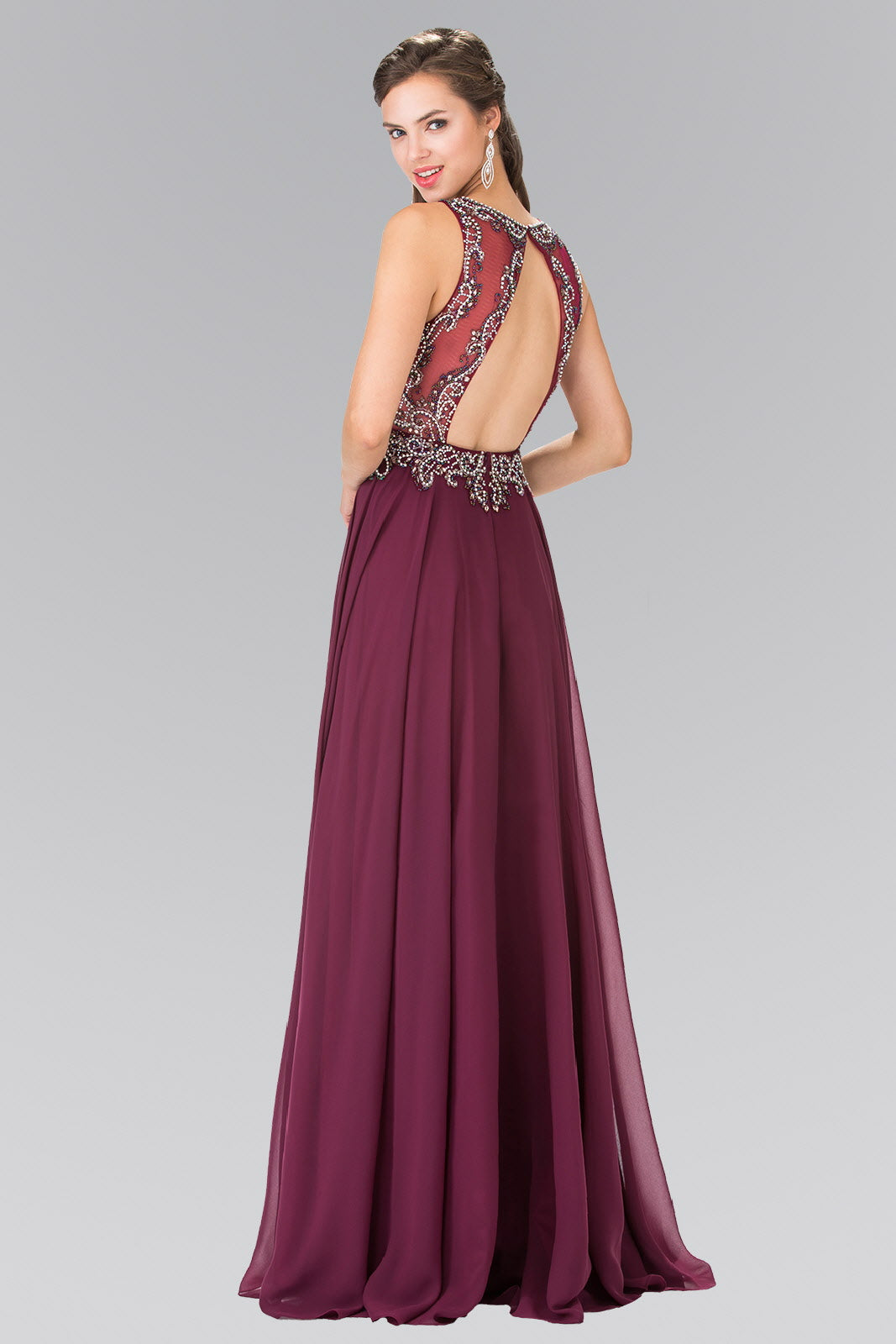 Beaded Top Chiffon Long Dress with Open Back