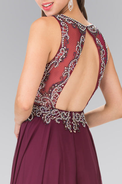 Beaded Top Chiffon Long Dress with Open Back