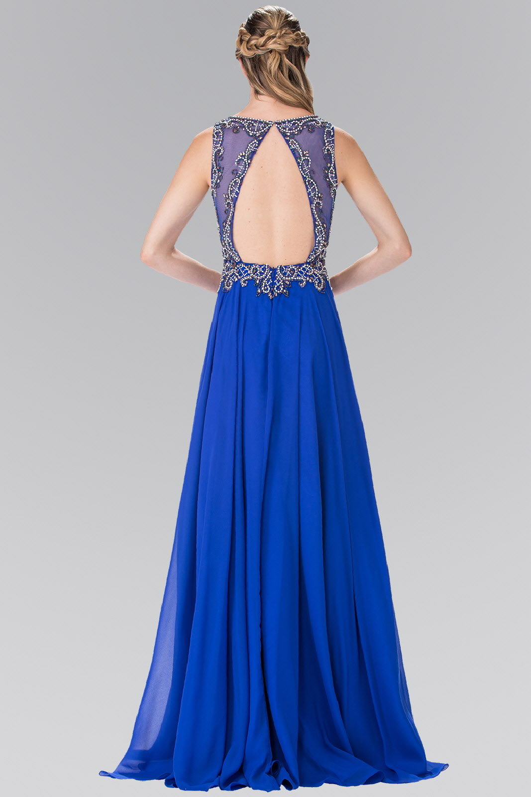 Beaded Top Chiffon Long Dress with Open Back