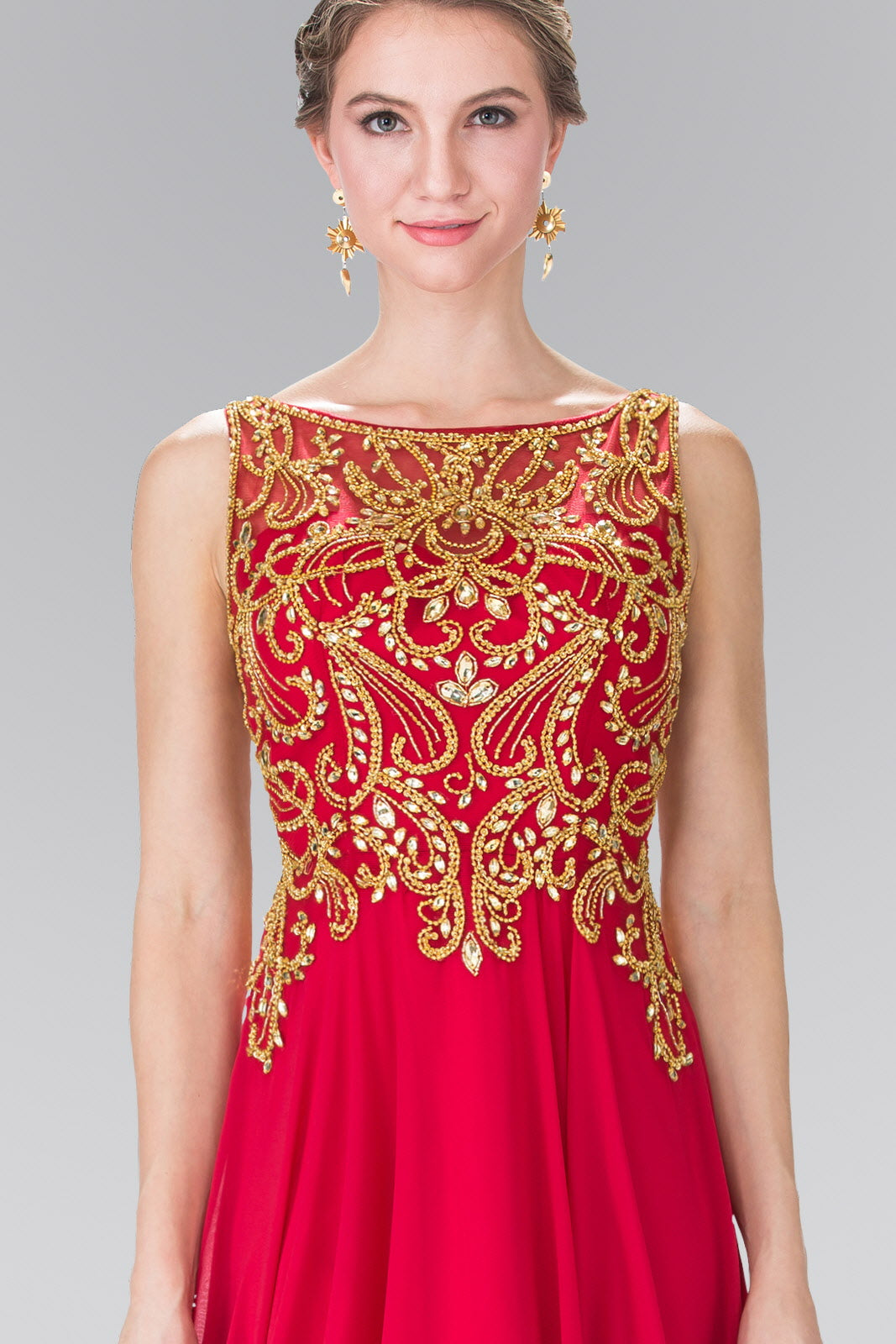 GLS Red Sleeveless Long Prom Dress Evening Gown with Sheer Back and Gold Embroidery GLS Red Sleeveless Long Prom Dress Evening Gown with Sheer Back and Gold Embroidery