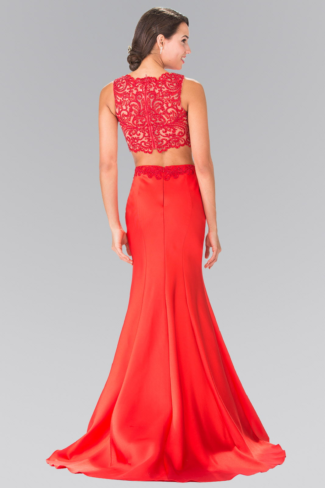 Two-Piece Prom Dress with Lace Top and Satin Skirt