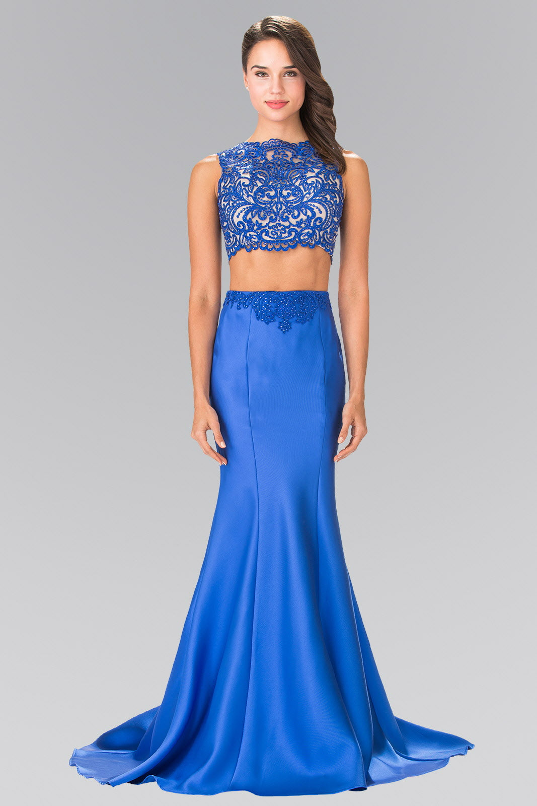 Two-Piece Prom Dress with Lace Top and Satin Skirt