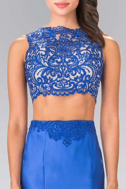 Two-Piece Prom Dress with Lace Top and Satin Skirt