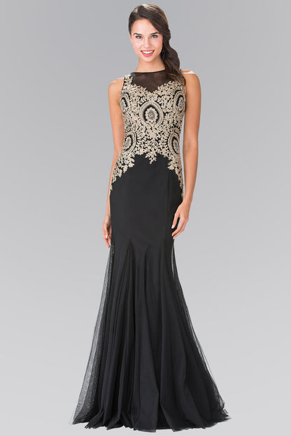 Embroidered Bodice Long Dress with Sheer Back