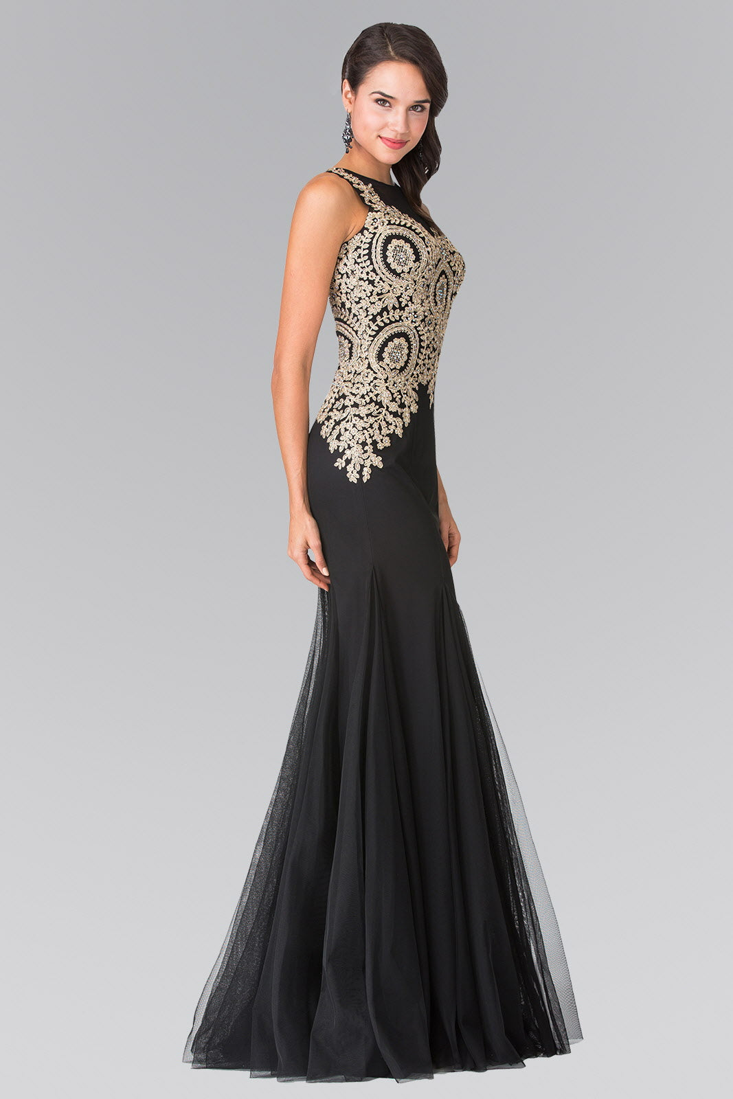 GLS Black Beaded Top Sheer Bodice Evening Gown - XS - Sleeveless Boat Neck Prom Dress GLS Black Beaded Top Sheer Bodice Evening Gown - XS - Sleeveless Boat Neck Prom Dress
