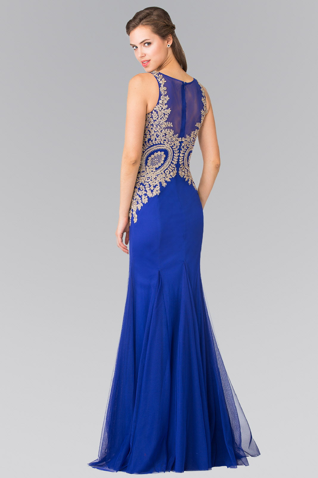 Embroidered Bodice Long Dress with Sheer Back