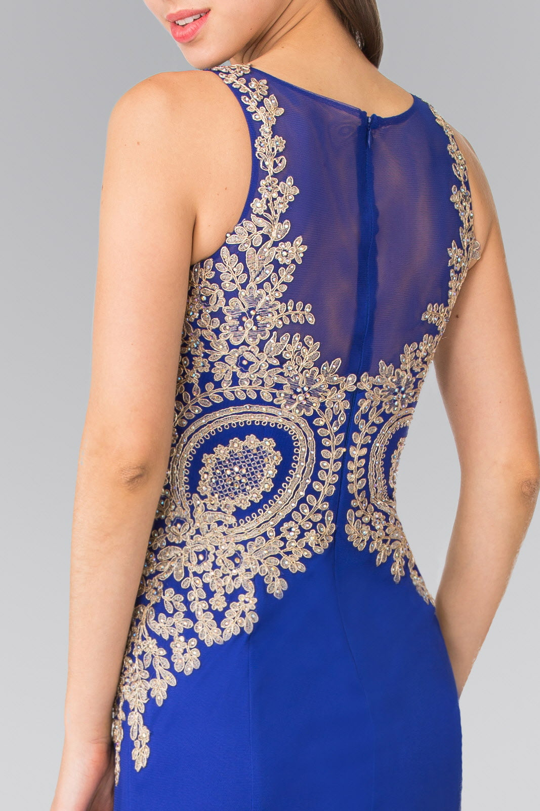 Embroidered Bodice Long Dress with Sheer Back