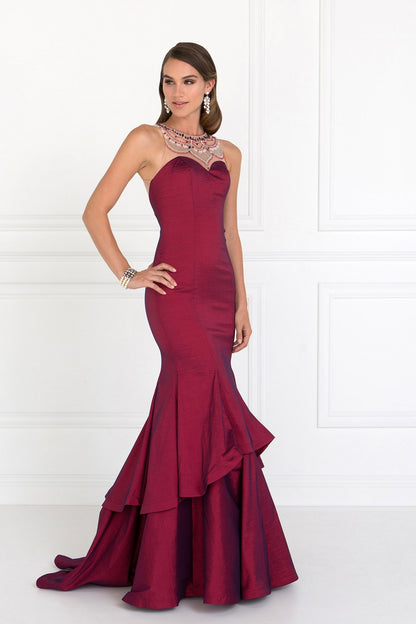 Gorgeous Long Jewel Accented Taffeta Long Dress with Two-Tier Skirt