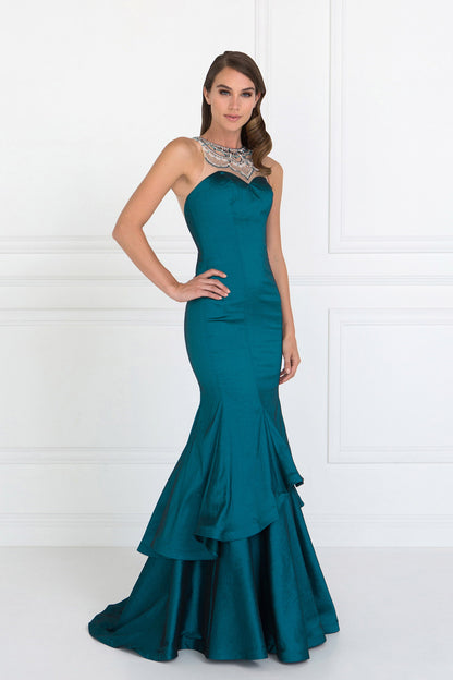 Gorgeous Long Jewel Accented Taffeta Long Dress with Two-Tier Skirt