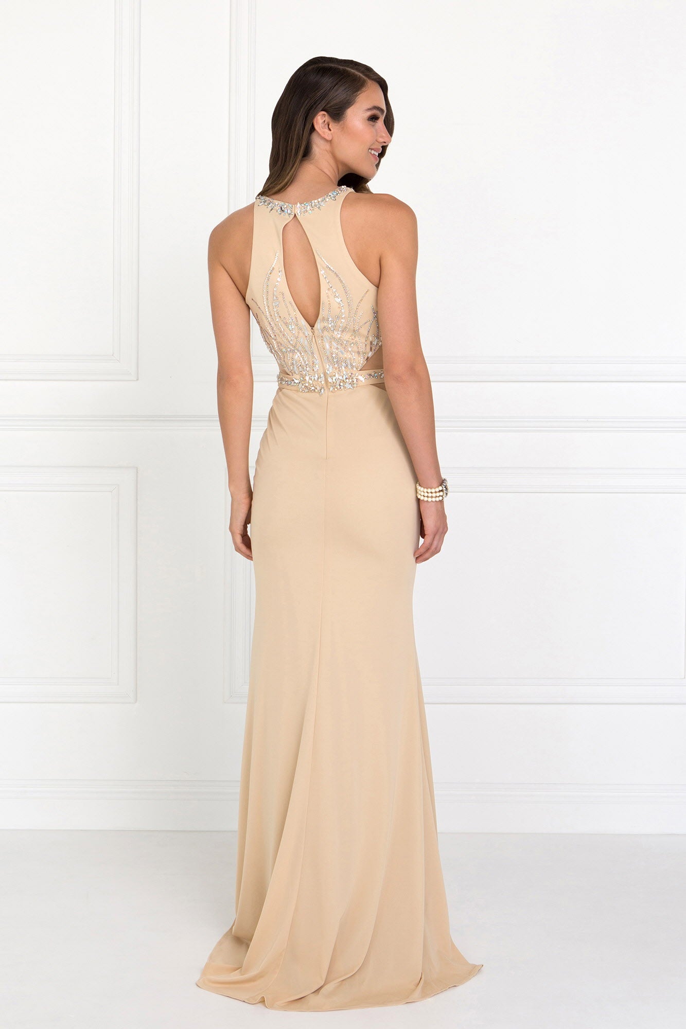 Beads Embellished Long Dress with Sheer Sides