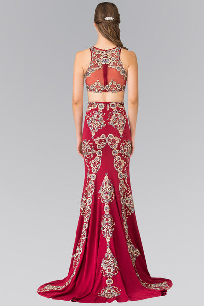 Two-Piece Embroidery Jersey Long Dress with Tail