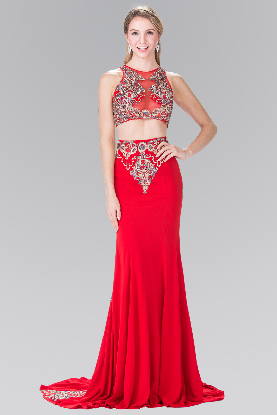 Two-Piece Embroidery Jersey Long Dress with Tail