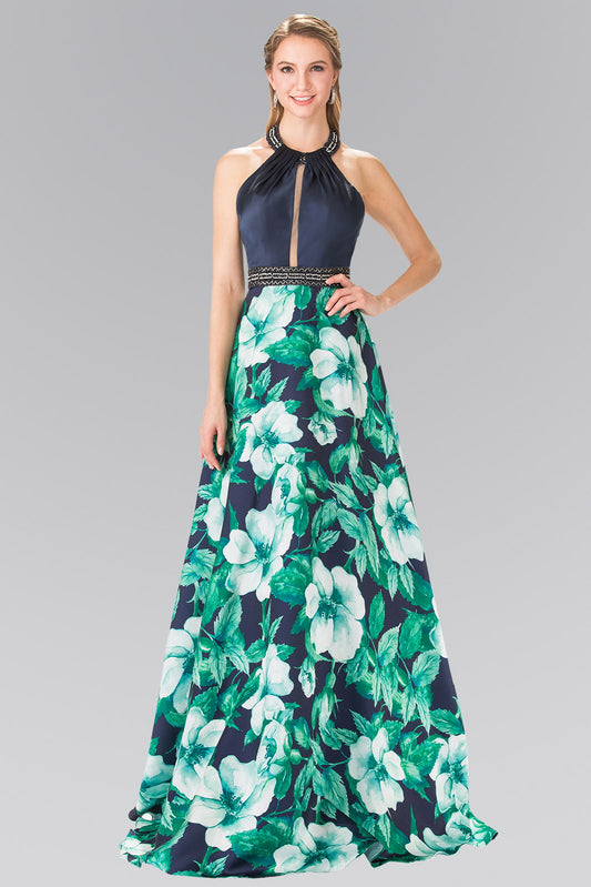 Flower Print Halter-Neck Mikado Long Dress