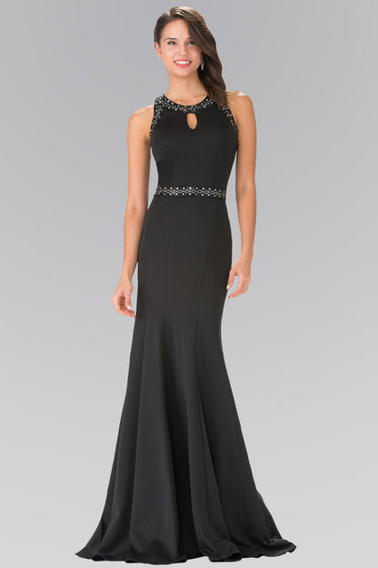 Beads Embellished Jersey Long Dress with Sheer Back