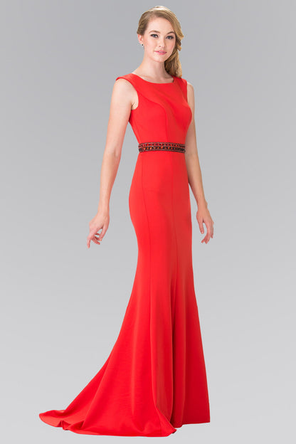 Beaded Waist Line Jersey Long Dress with Cut-Out Back