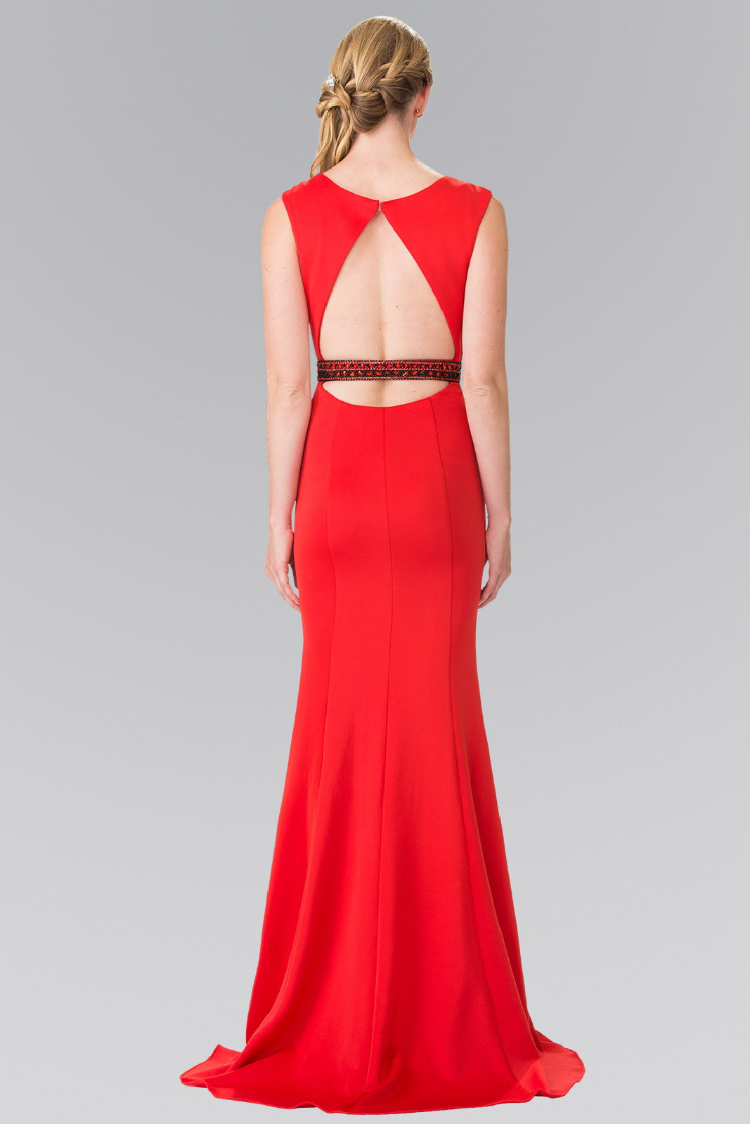 Beaded Waist Line Jersey Long Dress with Cut-Out Back