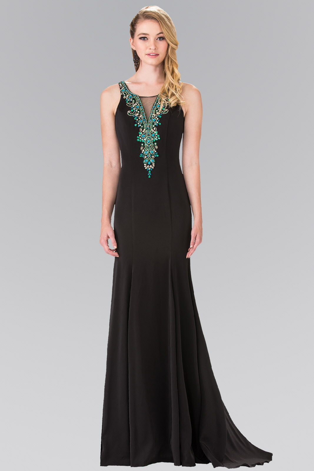 Illusion V-Neck Beaded Top Long Dress with Sheer Back