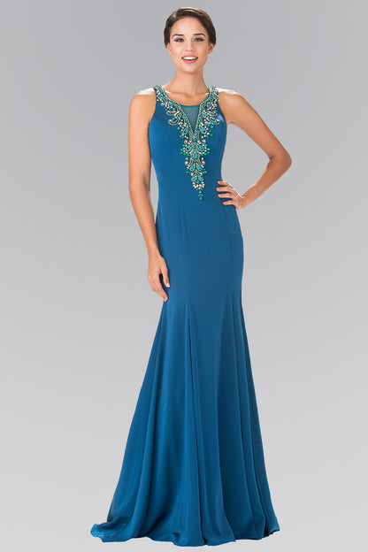 Illusion V-Neck Beaded Top Long Dress with Sheer Back Tux-USA Illusion V-Neck Beaded Top Long Dress with Sheer Back Tux-USA