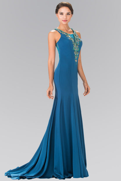 Illusion V-Neck Beaded Top Long Dress with Sheer Back