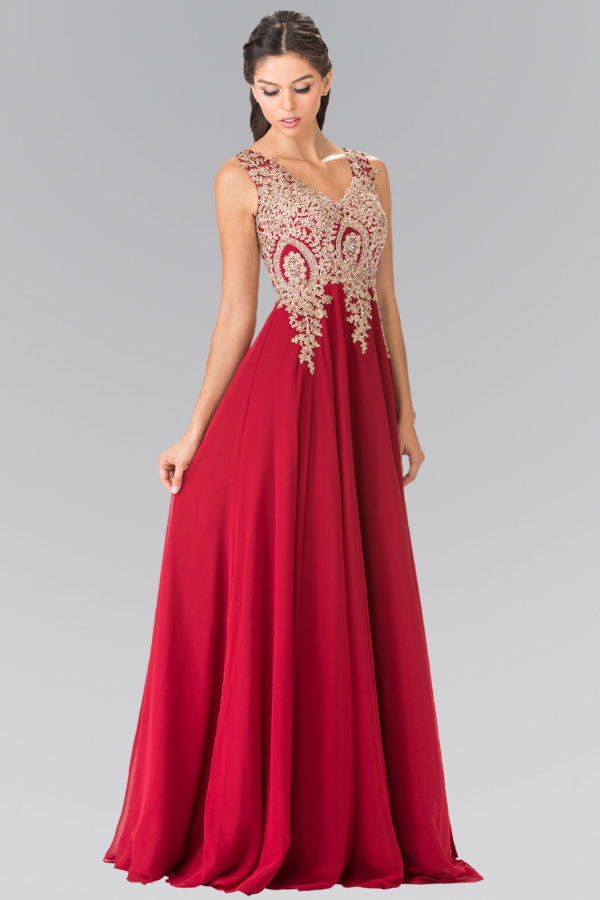 V-Neck Embroidered Chiffon Long Dress