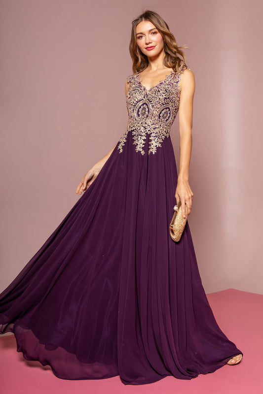 V-Neck Embroidered Chiffon Long Dress