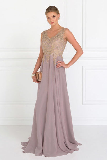 V-Neck Embroidered Chiffon Long Dress