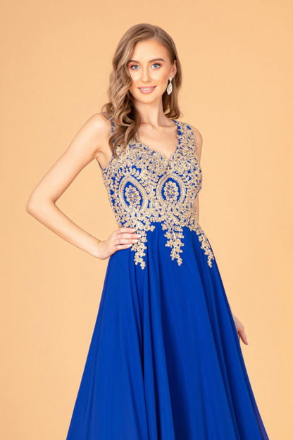 V-Neck Embroidered Chiffon Long Dress