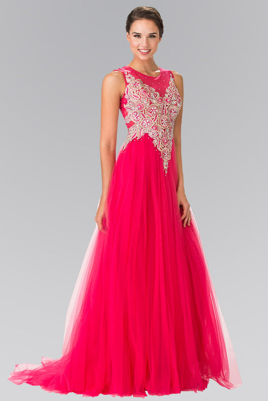 Embroidered Bodice Tulle Long Dress