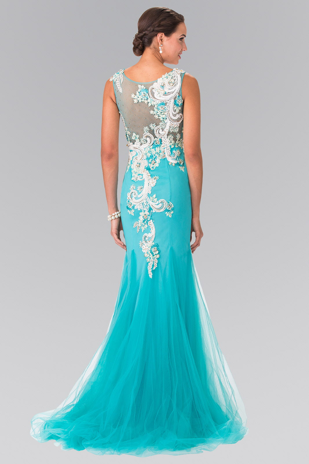 Embroidery Jersey Mermaid Long Dress with Sheer Back