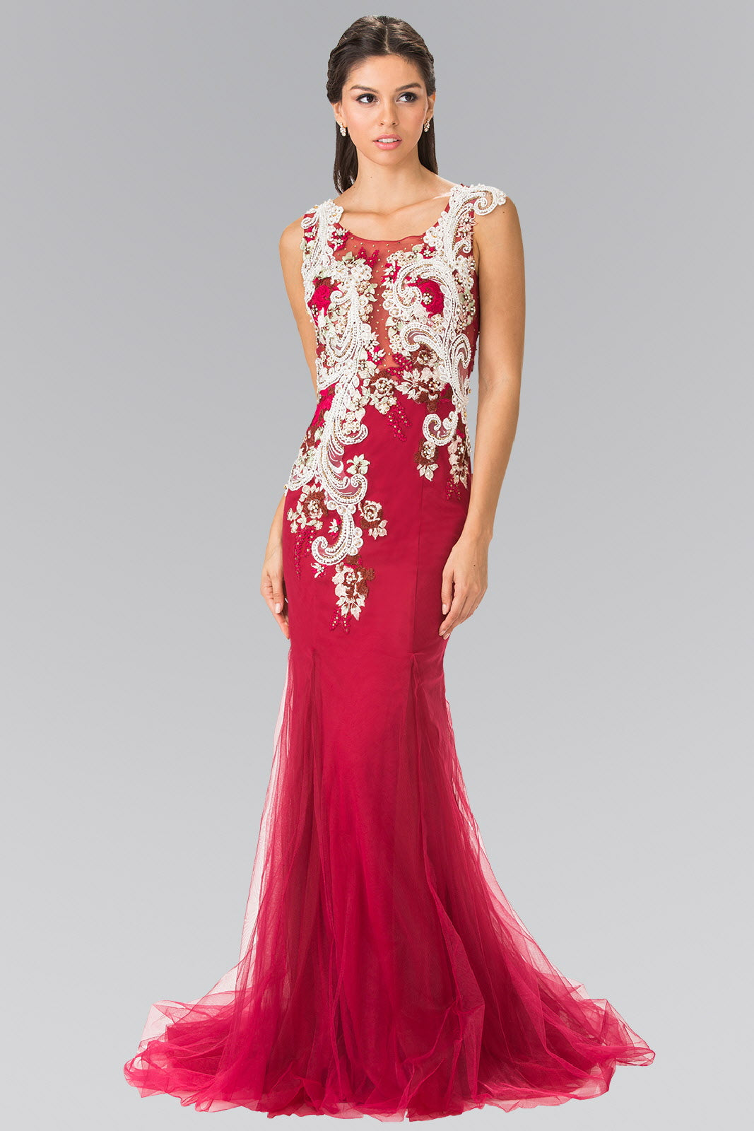 Embroidery Jersey Mermaid Long Dress with Sheer Back XS / Burgundy Embroidery Jersey Mermaid Long Dress with Sheer Back XS / Burgundy