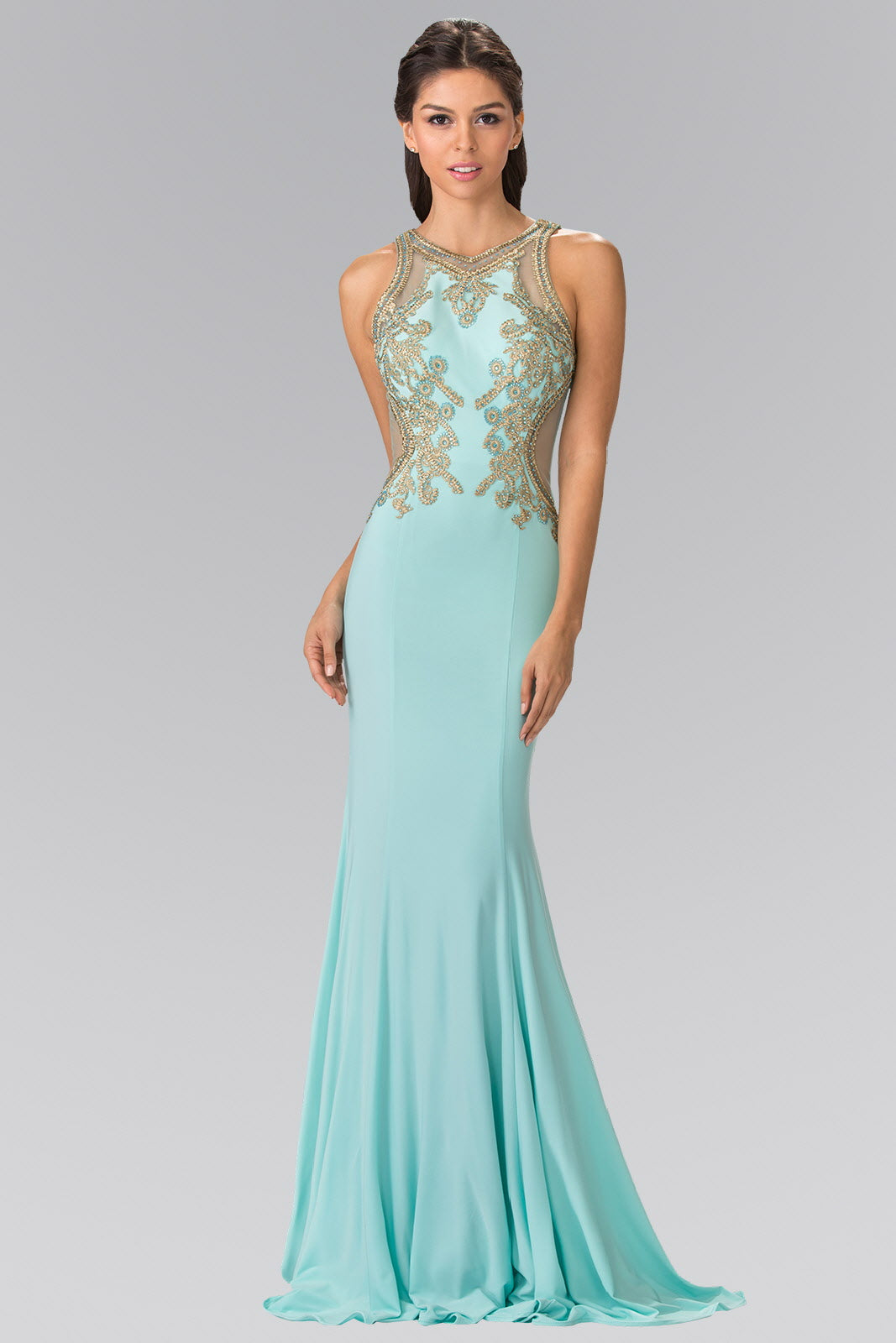 Beading and Embroidery Jersey Long Dress with Sheer Back